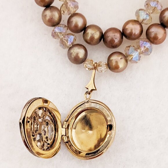 Handmade Double Strand Gold Pearl and Crystal Necklace with Photo Locket - Picture 4 of 7